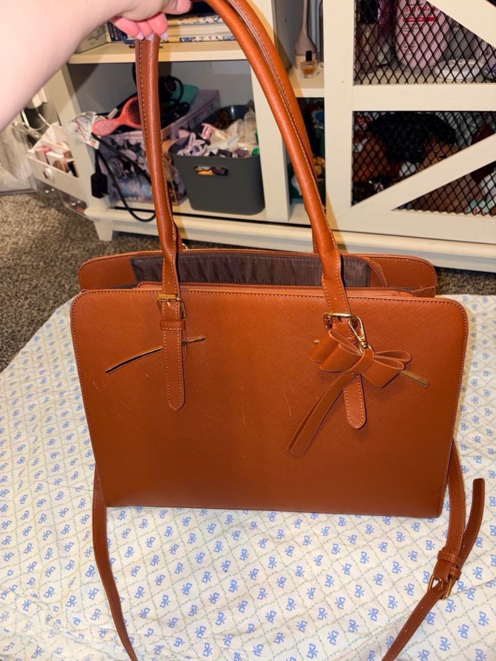 Structured Tan Shoulder Tote with Bow Charm